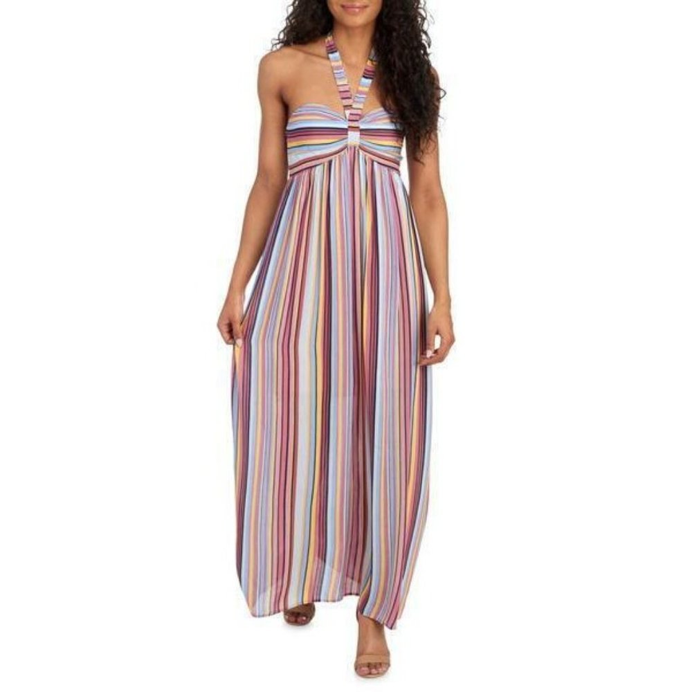 Coco + Jaimeson Sz. M Blue/Pink/Yellow Striped Halter Maxi Dress NWT